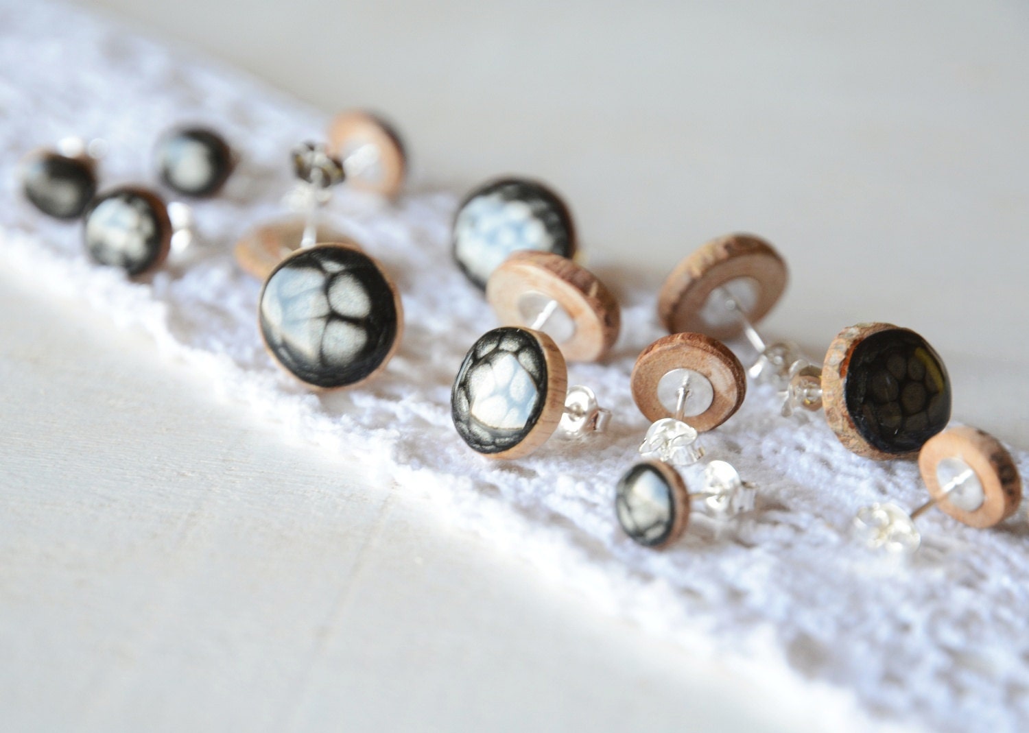 Black mens wooden earrings men wood earring studs sterling