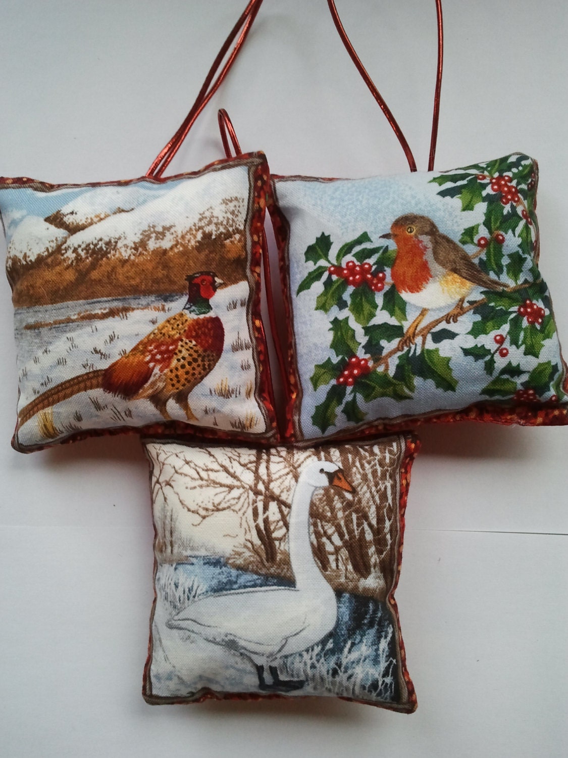 3 Winter wildlife bird design Fabric square Christmas tree hanging decorations, robin, swan, pheasant