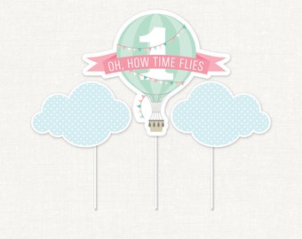 Hot Air Balloon Centerpiece – Pink Banner – Printable First Birthday Centerpiece by Squawk Box Studio – INSTANT DOWNLOAD