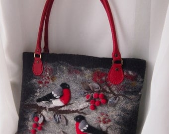 Felted bag-Felted handbag-Bullfinches-Felted wool purse-Felted purse-Art handbag-Natural Leather handles-Felt bag-Red,Black