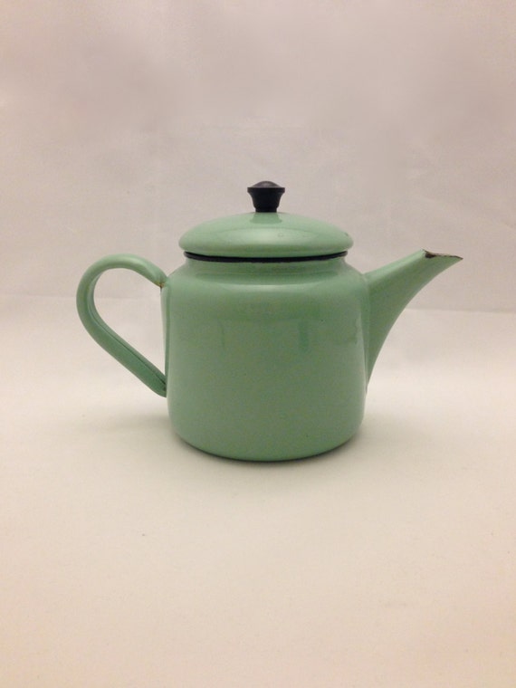 Vintage enamel tea pot / kettle in sage green by