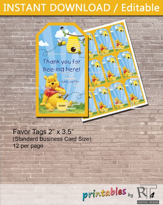 Personalized Winnie the Pooh Favor Tags / Instant Download