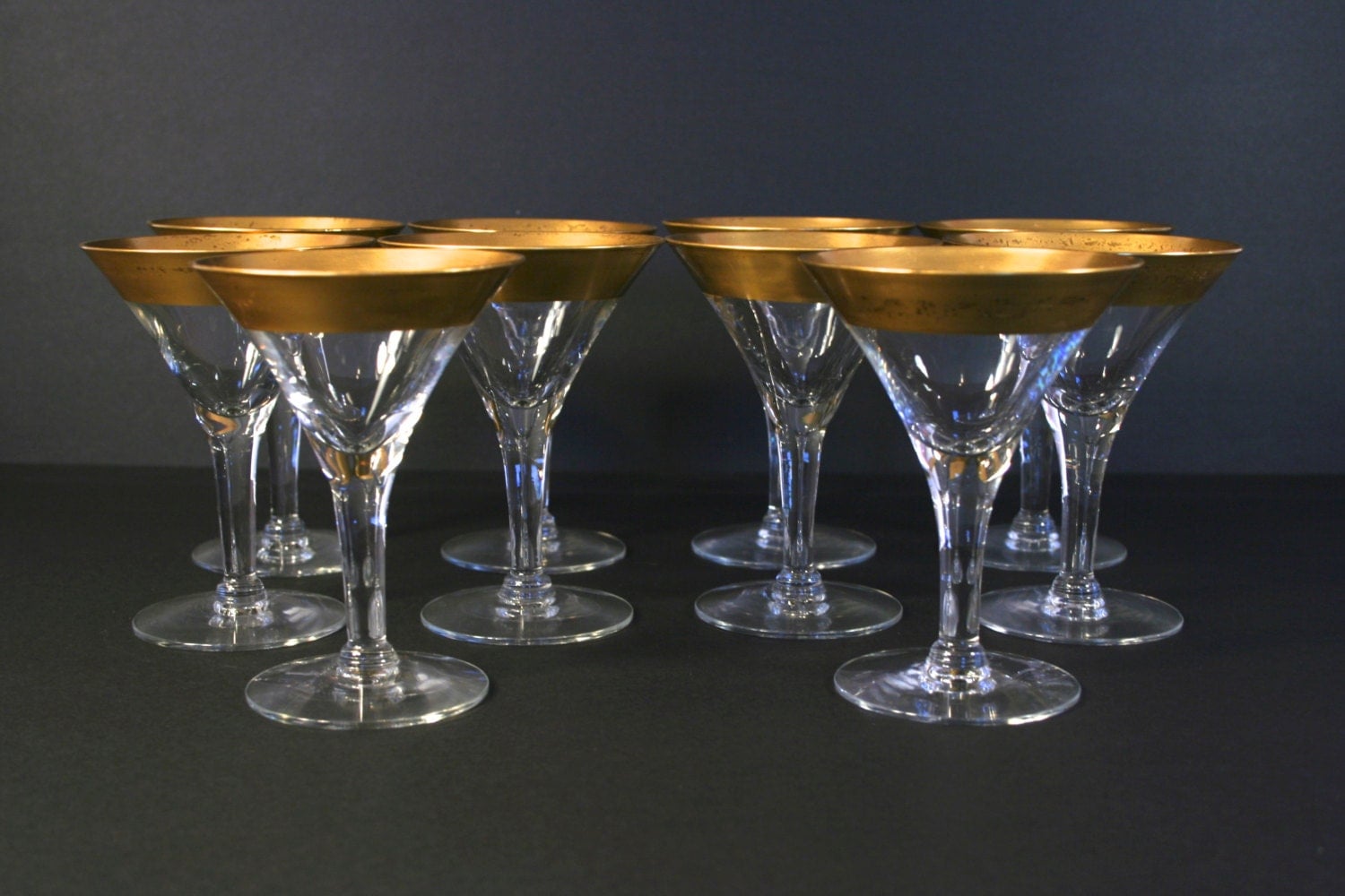 Set of Ten 10 Gold Rimmed Gilted Martini Glasses