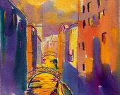 Venice Art Print, Venice Watercolor Painting, Cityscape Wall Art, Sunset Art, Venice Italy Canal, Orange, Purple, Romantic Italy, Fine Art