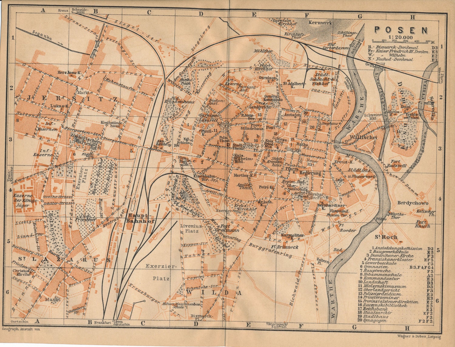 1910 Poznan Poland formerly Posen Germany Antique Map