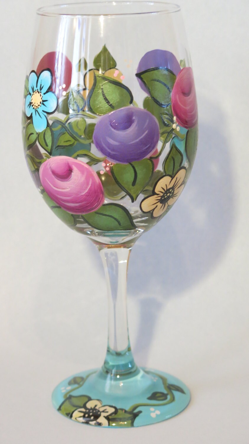 Painted floral wine glass roses flowers hostess gift
