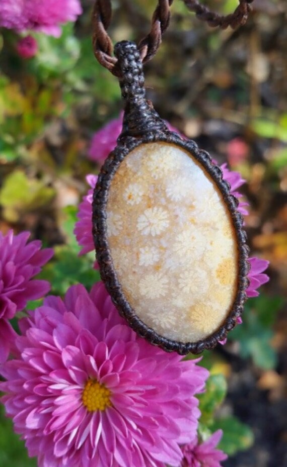 Agatized Coral Macramé Necklace / Chakra / Healing / Daisies