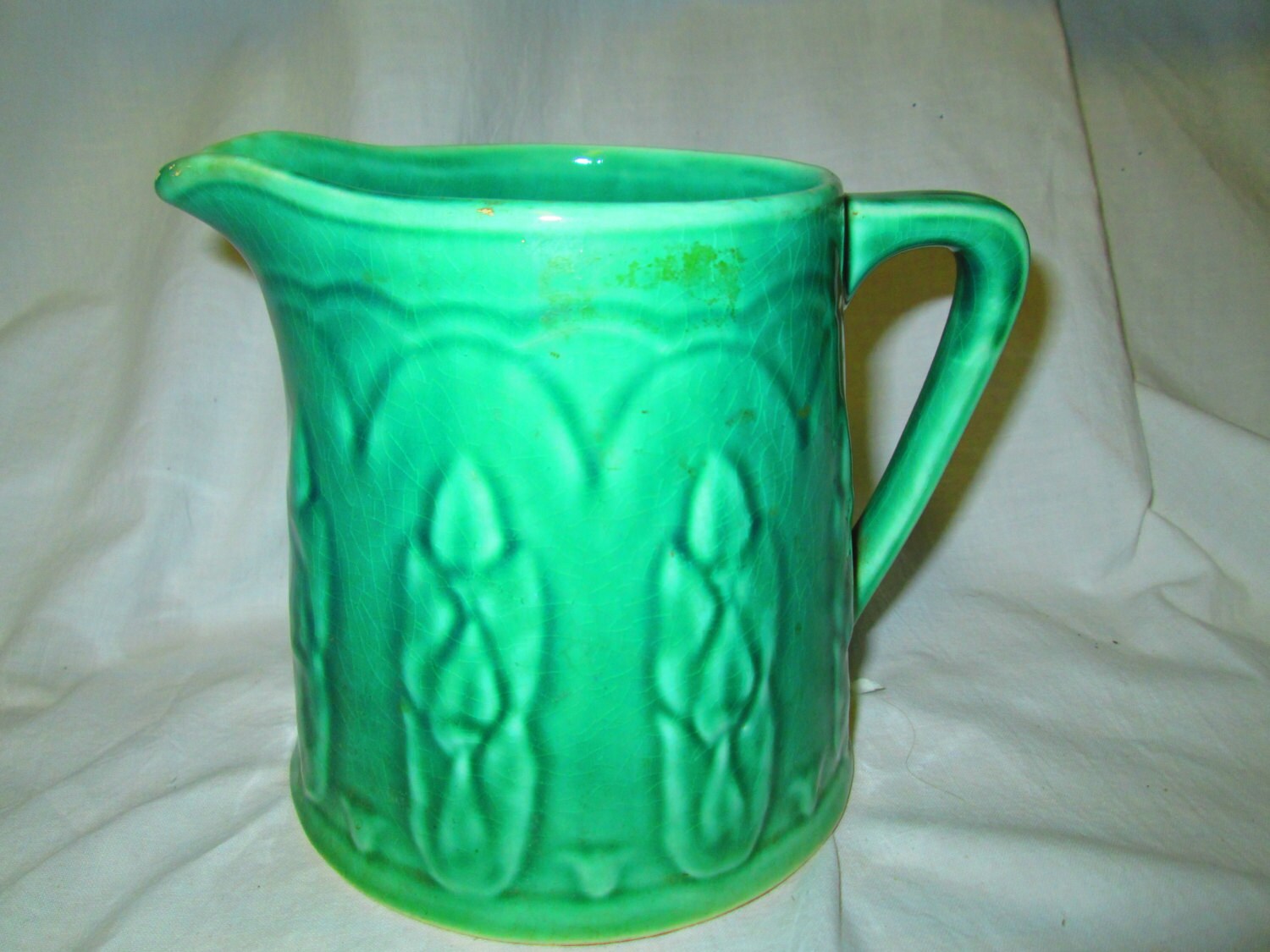 Great Antique Green Pottery Pitcher Tulips around bottom True