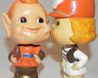 Early 1960's Cleveland Browns Kissing Series Nodder Pair - Antique NFL Football Bobblehead Nodders