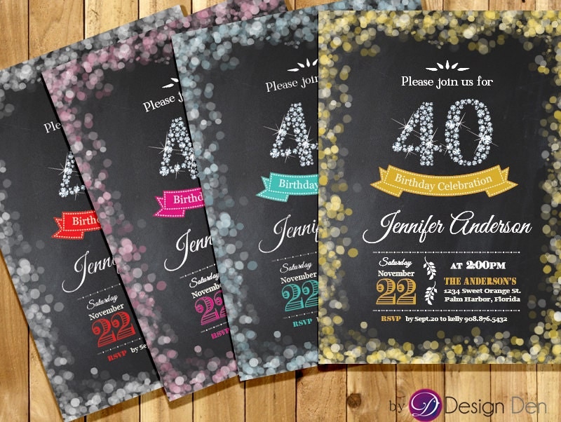 Adult 40th Birthday Invitation. Bokeh Invitation. Diamond