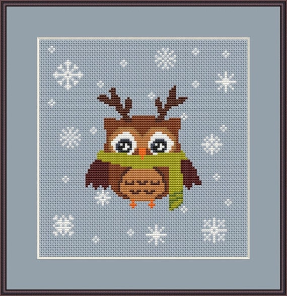 Winter Owl Easy Counted Cross Stitch Pattern in PDF for