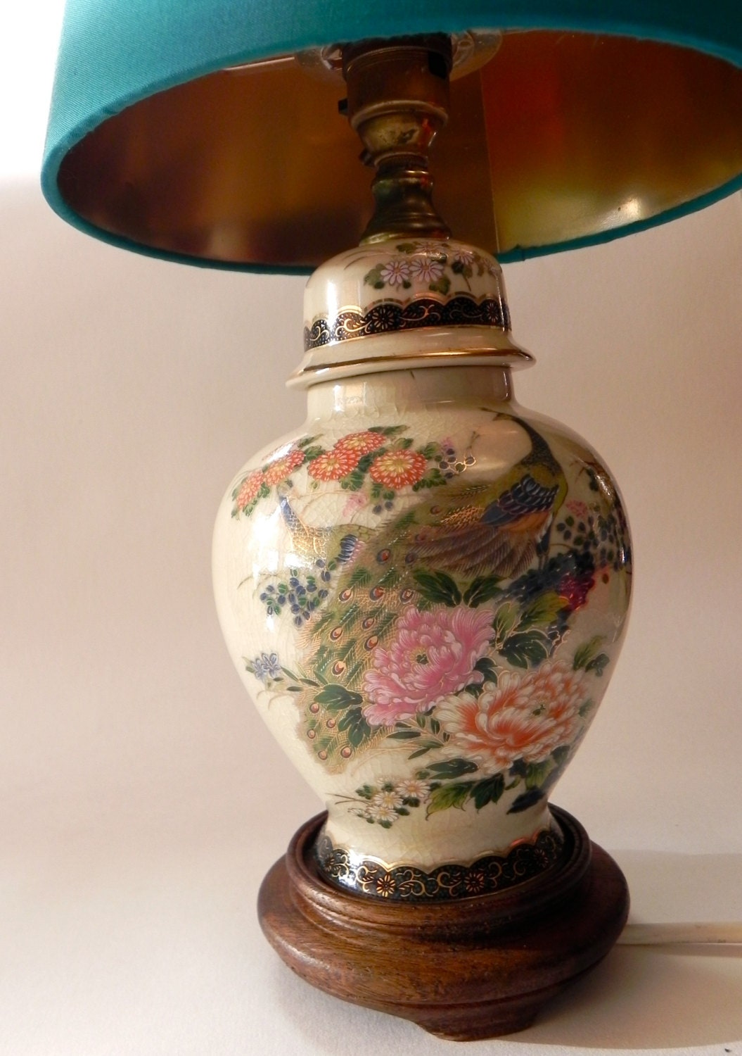 Japanese Asahi Satsuma Vase Lamp Peacock Blue & Gold