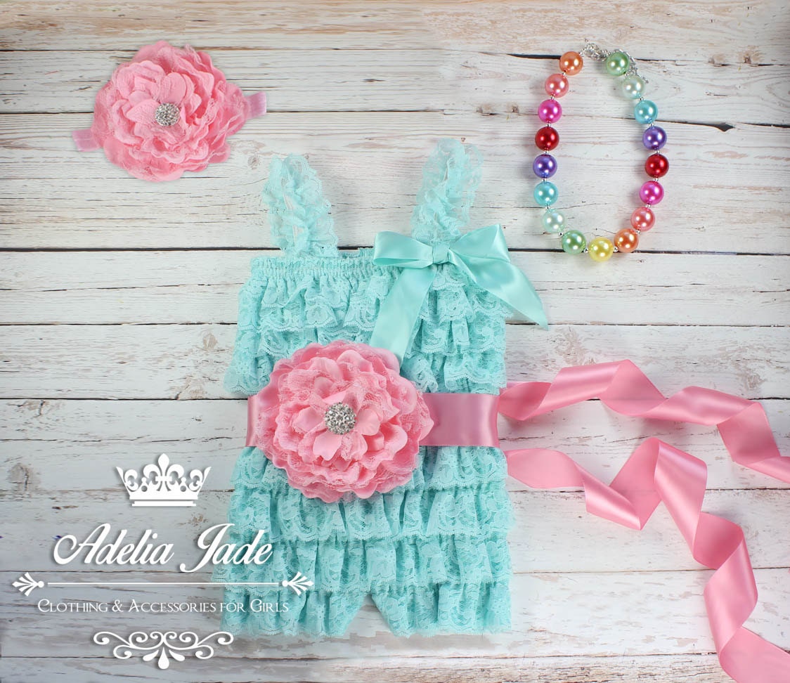 Aqua Lace Romper 4 Piece Set Cake Smash Outfit Girl by AdeliaJade