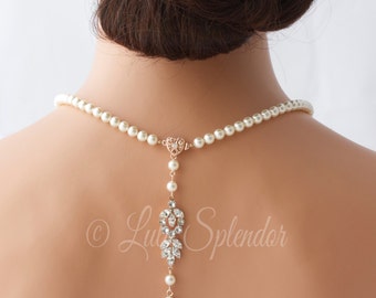 Backdrop Bridal Necklace Rose Gold Pearl Wedding Necklace Delicate Back Drop Swarovski Crystal Wedding Jewelry AMELIA