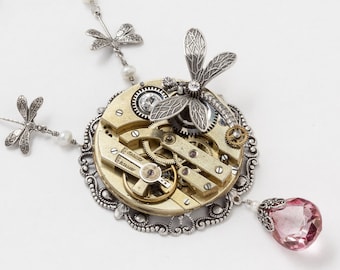Steampunk Necklace Vintage gold pocket watch silver filigree mystic pink quartz, pearl dragonfly Statement Necklace Steampunk Jewelry