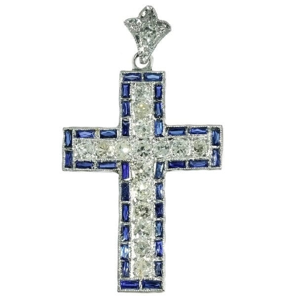 Blue Sapphire Cross diamond pendant platinum Art Deco jewel