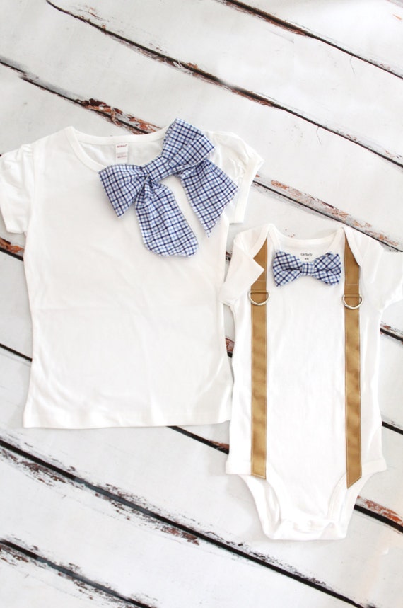 Set of 2. Matching Brother and Sister Plaid Girl Bow Tee and Bow Tie Bodysuit with Suspenders. Navy Blue Plaid Birthday Outfit, Cake Smash by ChicCoutureBoutique