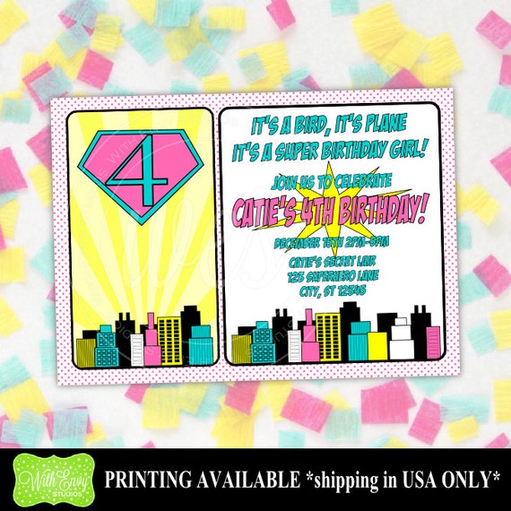 Superhero Birthday Invitation - Super Girl Invitation - Superhero Thank You Card - DIGITAL and PRINTED Available Il_570xn