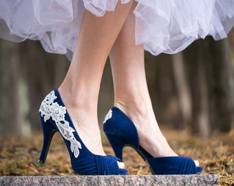 Wedding Shoes Navy Blue Heels Lace Heels Navy by walkinonair
