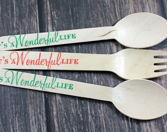 12- WOODEN UTENSILS - Its A Wonderful Life Wooden Spoons/ Forks / Knives, Cutlery, Christmas, Holidays, Christmas favors Decor