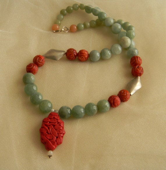 Carved cinnabar bead pendant w aquamarine & by CloudPineStudio