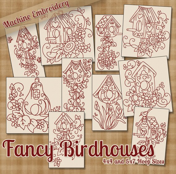 Redwork Fancy Birdhouses Machine Embroidery Patterns / Designs