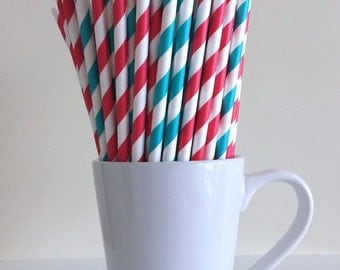Red and Teal Paper Straws Aqua and Red Striped Dr. Seuss Cat in the Hat Party Supplies Party Decor Bar Cart Graduation Party Graduation