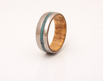 Mens Titanium and Turquoise wedding band wood ring olive wood ring
