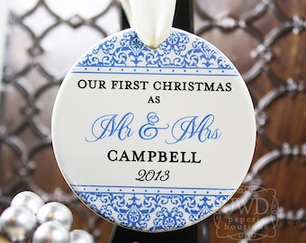 Couples Ornament Personalized First Christmas Ornament Wedding Christmas Ornament Newlywed Gift - Jazzy Damask Pattern-Choice of 26 Colors