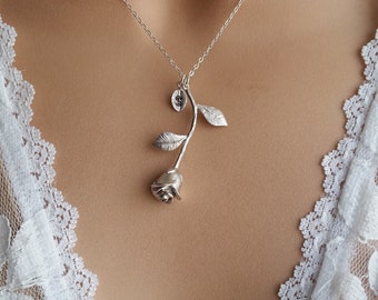 Original Beauty and the Beast Rose Necklace, Silver Rose Necklace,Anniversary Gift, Personalized Bridesmaid gift, Initial Necklace