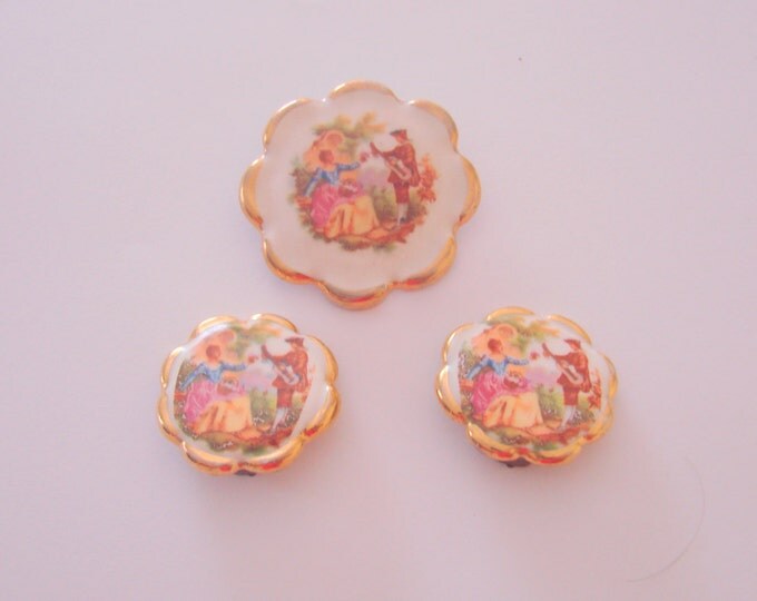 Victorian Revival Demi Parure / Brooch / Clip Earrings / Litho Courting Scene / Vintage Jewelry / Jewellery