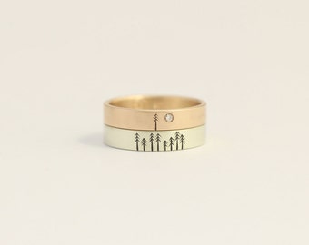 Diamond Engagement Ring Wedding Band Set in 9kt Rose Gold and White Gold with Pine Trees