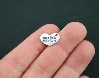 10 Hand Made Charms Antique Silver Tone Hand Made With Love Heart Charms - SC4390