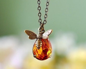 Bee Necklace, Honey Bee Bumble Bee Jewelry, Gift for Bee Lover, November Birthstone, Topaz Pendant, Spring Summer Jewelry, Graduation Gift