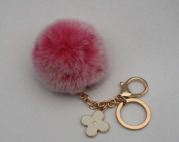 Pom-Perfect pink REX Rabbit frosted fur pom pom ball keychain or bag pendant with flower charm