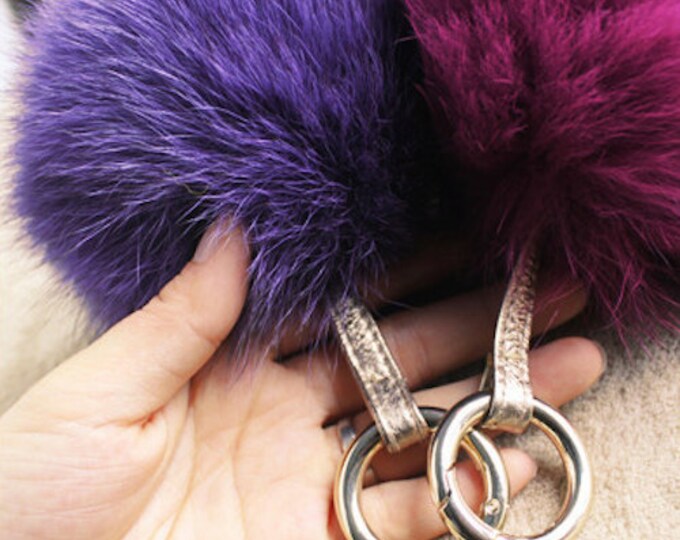 Royal Blue Fox Fur Pom Pom luxury bag pendant with real leather strap circle buckle keychain bag charm accessory
