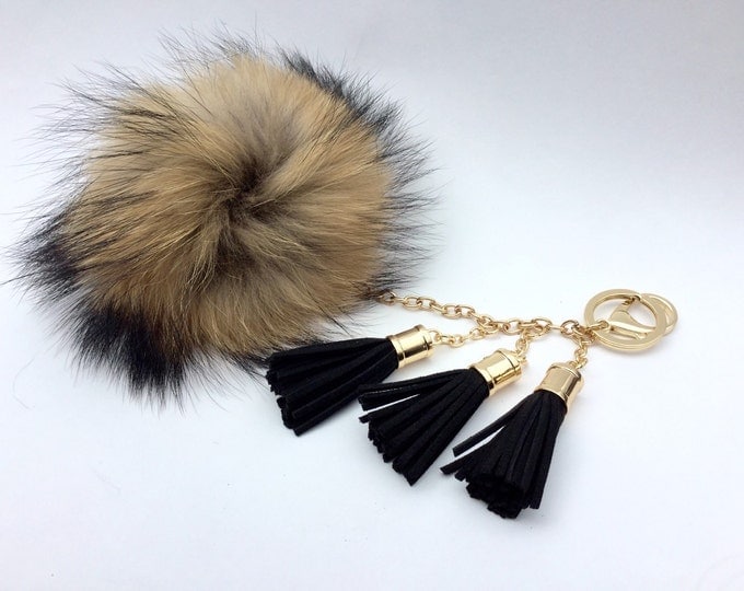 Ultimate beauty Raccoon Fur Pom Pom luxury bag totem pendant charm with 3 tassels gold hardware no dye