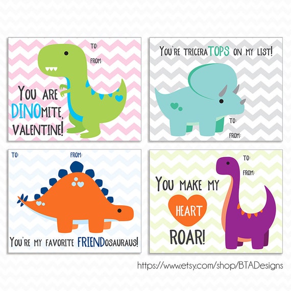 Printable Dinosaur Valentine Cards Instant Download by BTADesigns