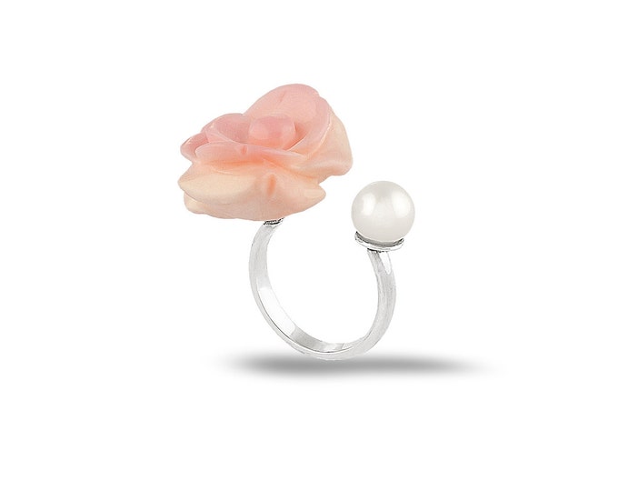 Shell rose ring Pearl ring Ring with rose Gentle ring Mother of pearl ring Gift idea Rose ring Bridesmaid ring Womens ring