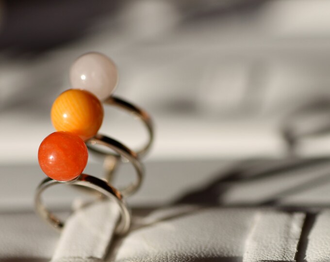 Silver triple ring with coral and rose quartz Rose quartz ring Coral ring Natural stone ring Orange stone ring Rose ring