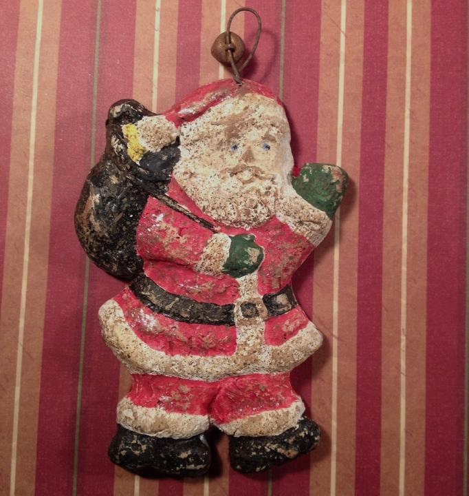 Primitive Santa Christmas Handmade Clay Ornament From Vintage Tin Mold