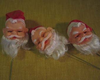 3 Santa heads on wire for dolls, 2", plastic with hats