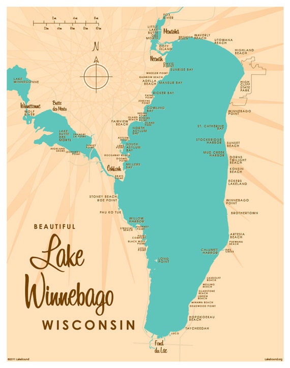 Lake Winnebago WI Map Print by on Etsy