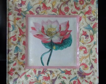 Vintage botanical lotus flower print decoupaged on glass plate