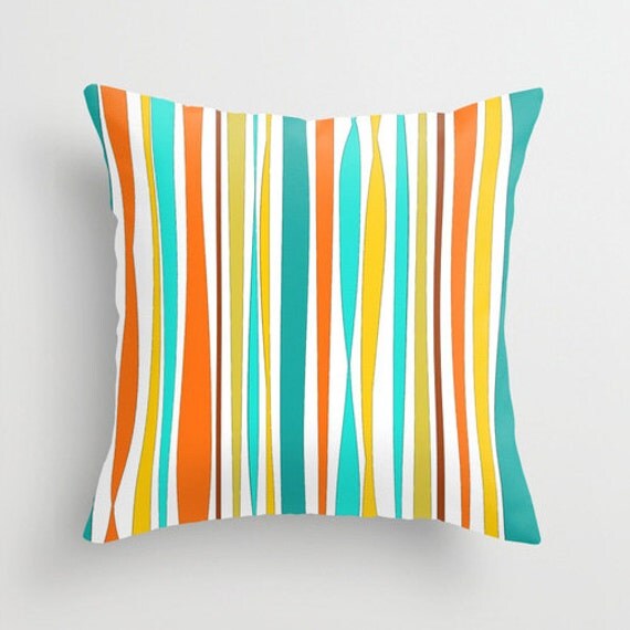 Striped Pillow Cover Teal Orange Yellow Pillow Throw