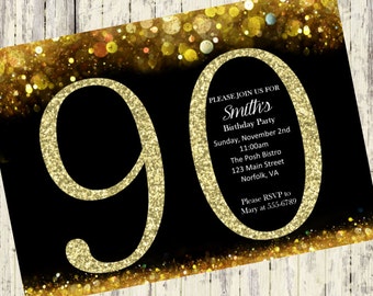 90th Birthday Invitation, Gold Glitter Birthday Party Invite, Women's 90th Surprise Birthday, Elegant, Printable Digital DIY