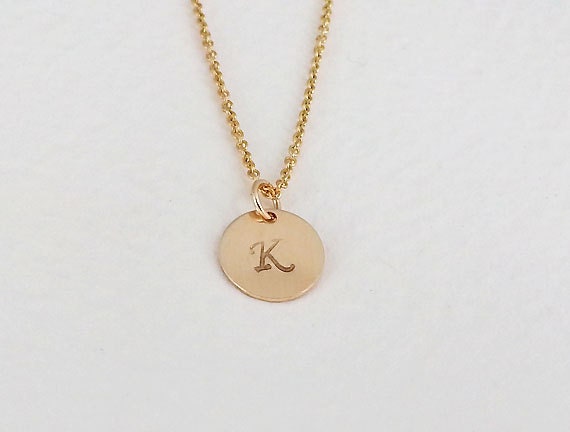 Initial Necklace. Gold Disc Necklace. Gold Filled. Hand