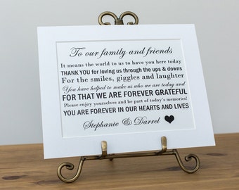 Wedding Thank you Sign, To our family and friends, Personalised wedding table sign, Wedding table decor