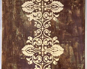 Acrylic sage green and brown with cream stencil canvas is 16 in x 20 in - Imperfection