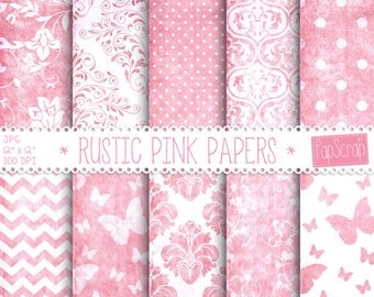 Pink digital paper : "Rustic Pink Papers" digital paper with chevron, polka dot and damask on grungy pink background, distressed paper